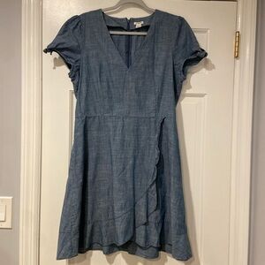 J.Crew Chambray Denim Dress Size 14 Puff Sleeve Ruffle Skirt